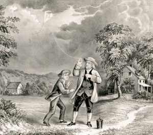 Vintage illustration shows Benjamin Franklin flying a kite during a thunderstorm